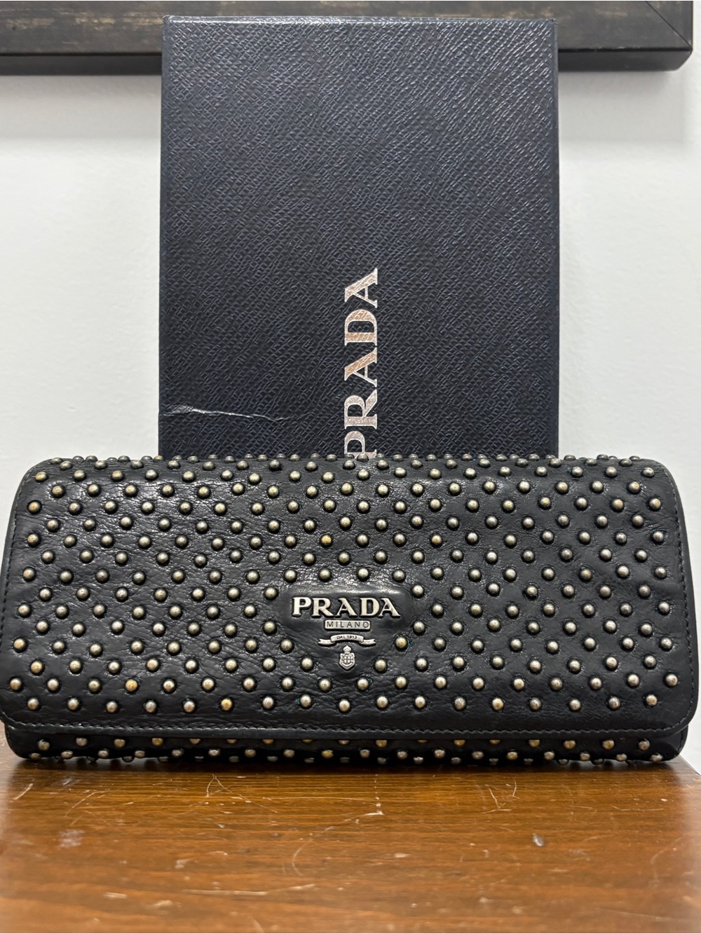Prada Black Leather Studded Flat Wallet 1M1132